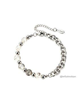 Stainless Steel Natural Crystal Bead Bracelet Cuban Link Adjustable